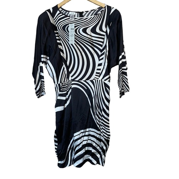 NWT Vintage Cache Silk Blend Sheath Dress Womens 2 Black White Wavy Design - Picture 1 of 11